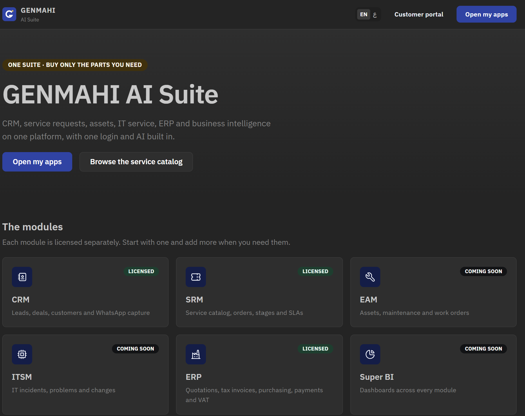 GenMahi AI Suite home page: one login for CRM, SRM, EAM, ITSM, ERP and Super BI, each module licensed separately