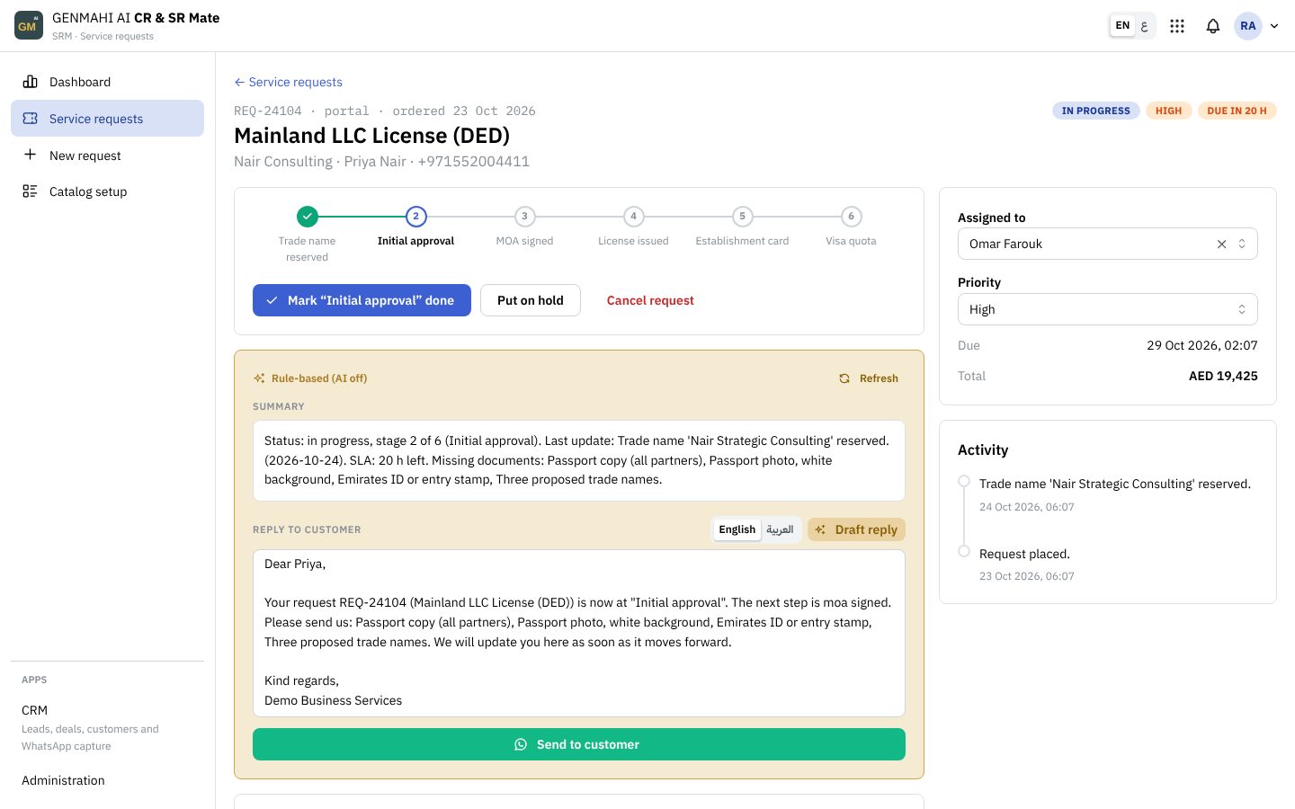 Service request with its stage tracker, a summary of status and missing documents, and a drafted reply to the customer