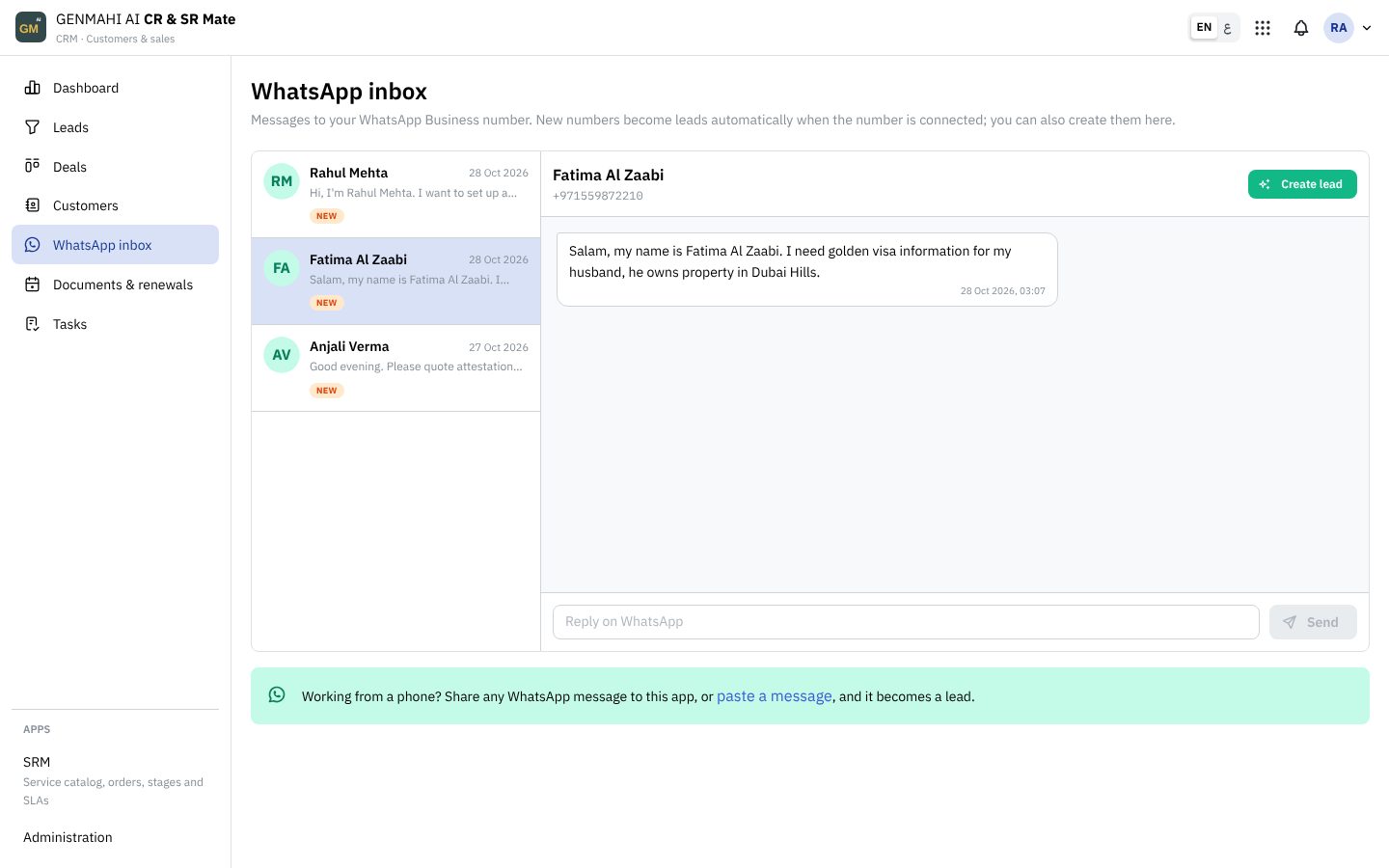 WhatsApp inbox with conversations from new numbers and a Create lead button